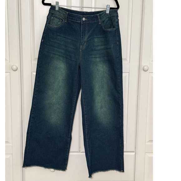 Denim - Womens XXL Wide Leg High Rise Raw Hem Dark Wash Whiskered Denim Jeans 9125